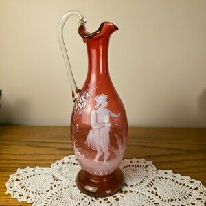 Cranberry Glass Grecian Jug Vase 10″ Etched Classical Figure Antique